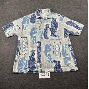 Rusty Button Up Shirt Mens L Blue Grey Excellent Tiki Tribal Surf Print
